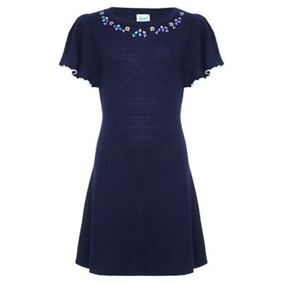 Navy Embellished Short Sleeve Knit Dress